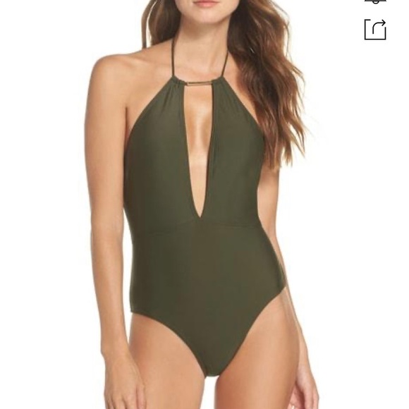 Ted Baker Plunge Halter One Piece Green With Gold - Picture 2 of 10